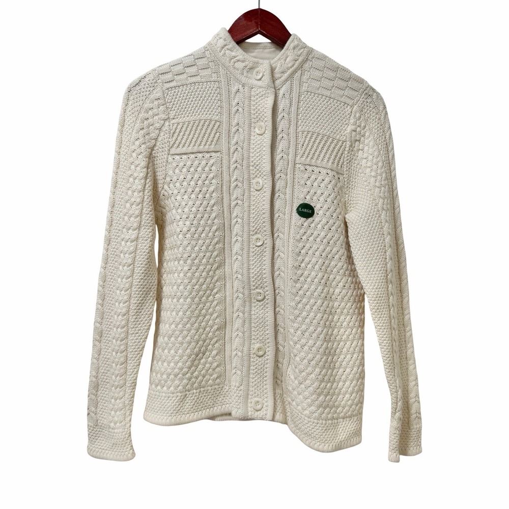 LL Bean Womens Stitchworks Fisherman Cable Knit Button Cardigan Size L Cream